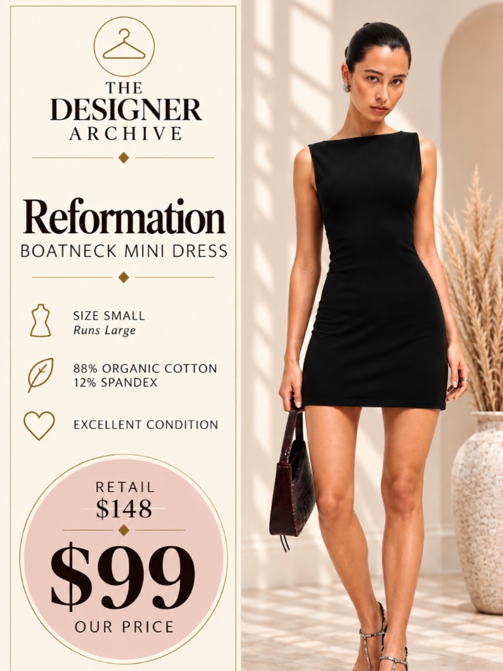 Reformation Black Boatneck Mini Dress Size S